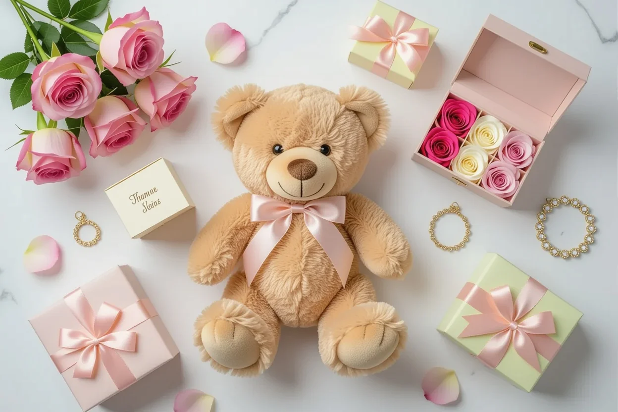 Curated collection of thoughtful gifts for her featuring teddy bear and romantic presents for special occasions
