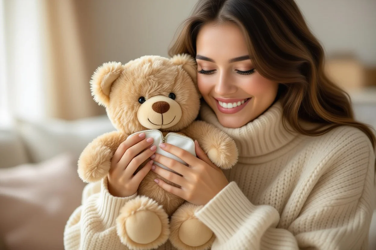 Happy woman discovering hidden surprise in teddy bear gift - genuine joy from receiving meaningful present