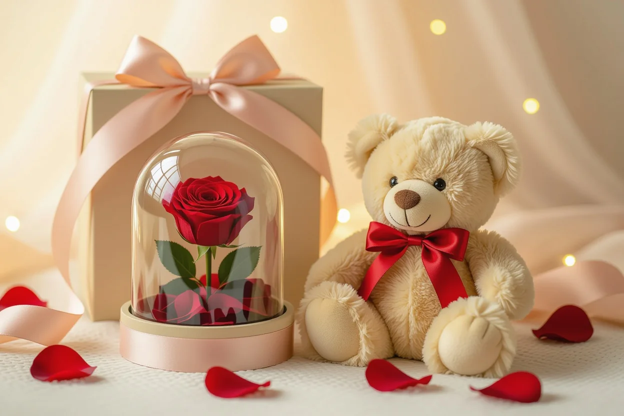 Teddy bear gift box with preserved rose - perfect romantic surprise gift for her