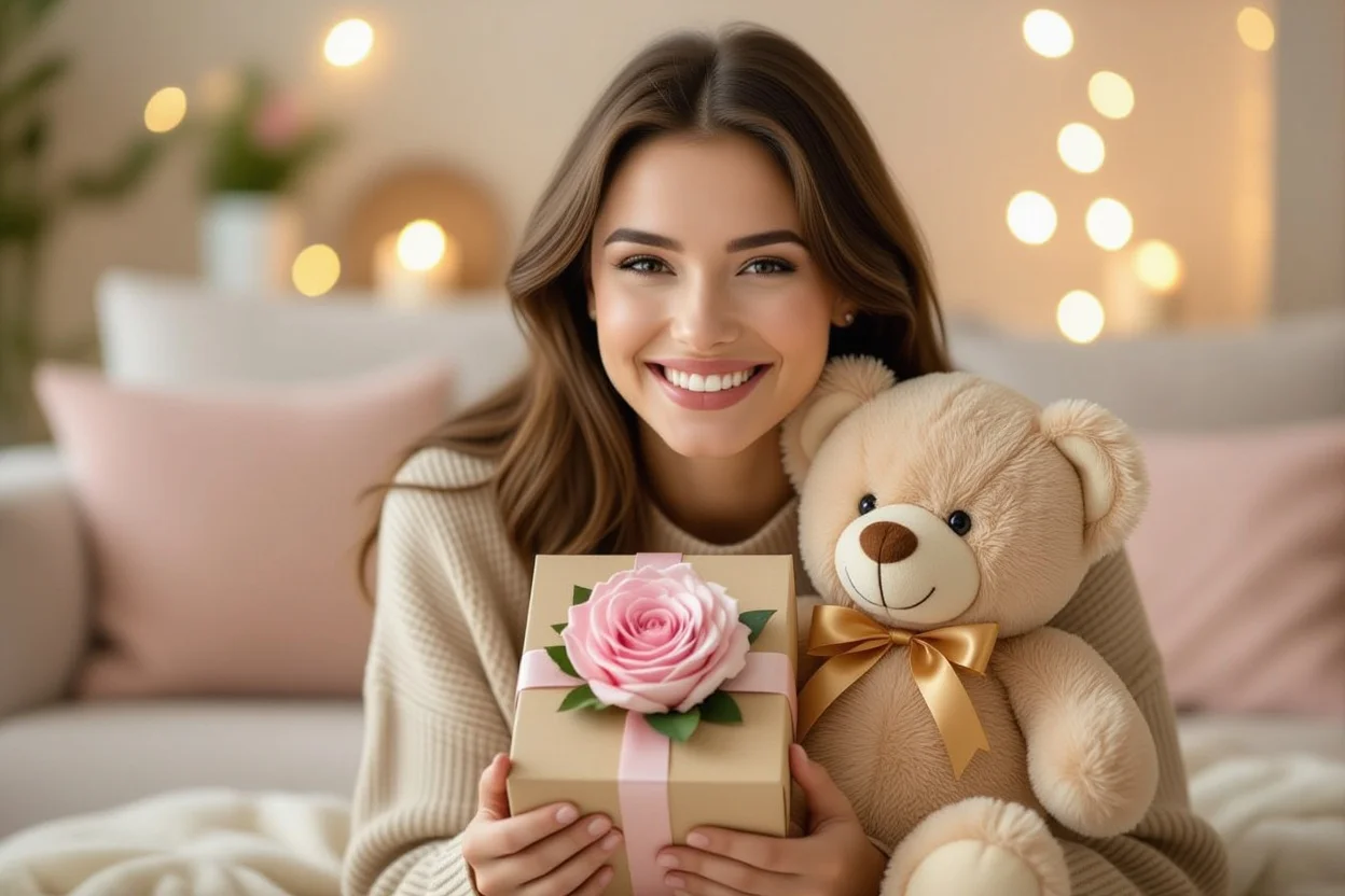 Woman receiving surprise teddy bear and preserved rose gift with joy and excitement