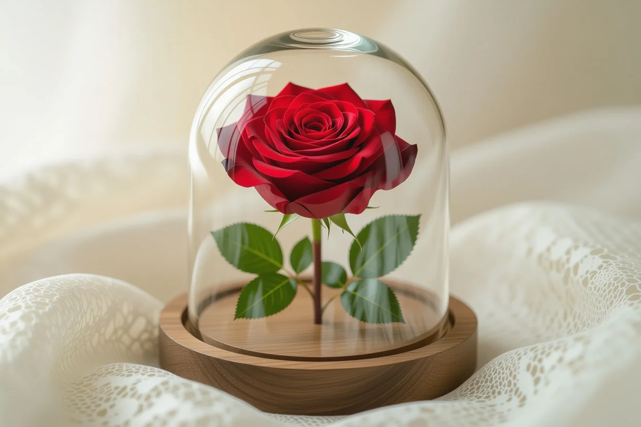Close-up of preserved rose in glass dome showing detailed petals and romantic presentation