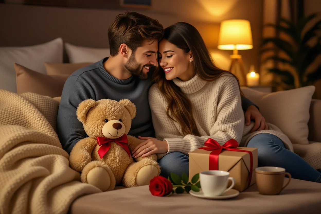 Couple enjoying intimate moment with teddy bear and preserved rose gift symbolizing enduring love