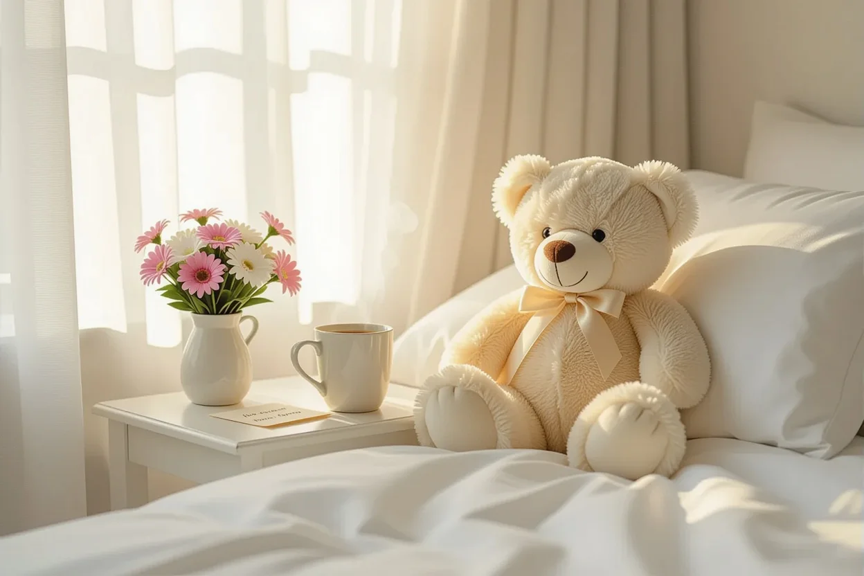 Romantic daily comfort gifts arranged on bedside table with teddy bear and flowers