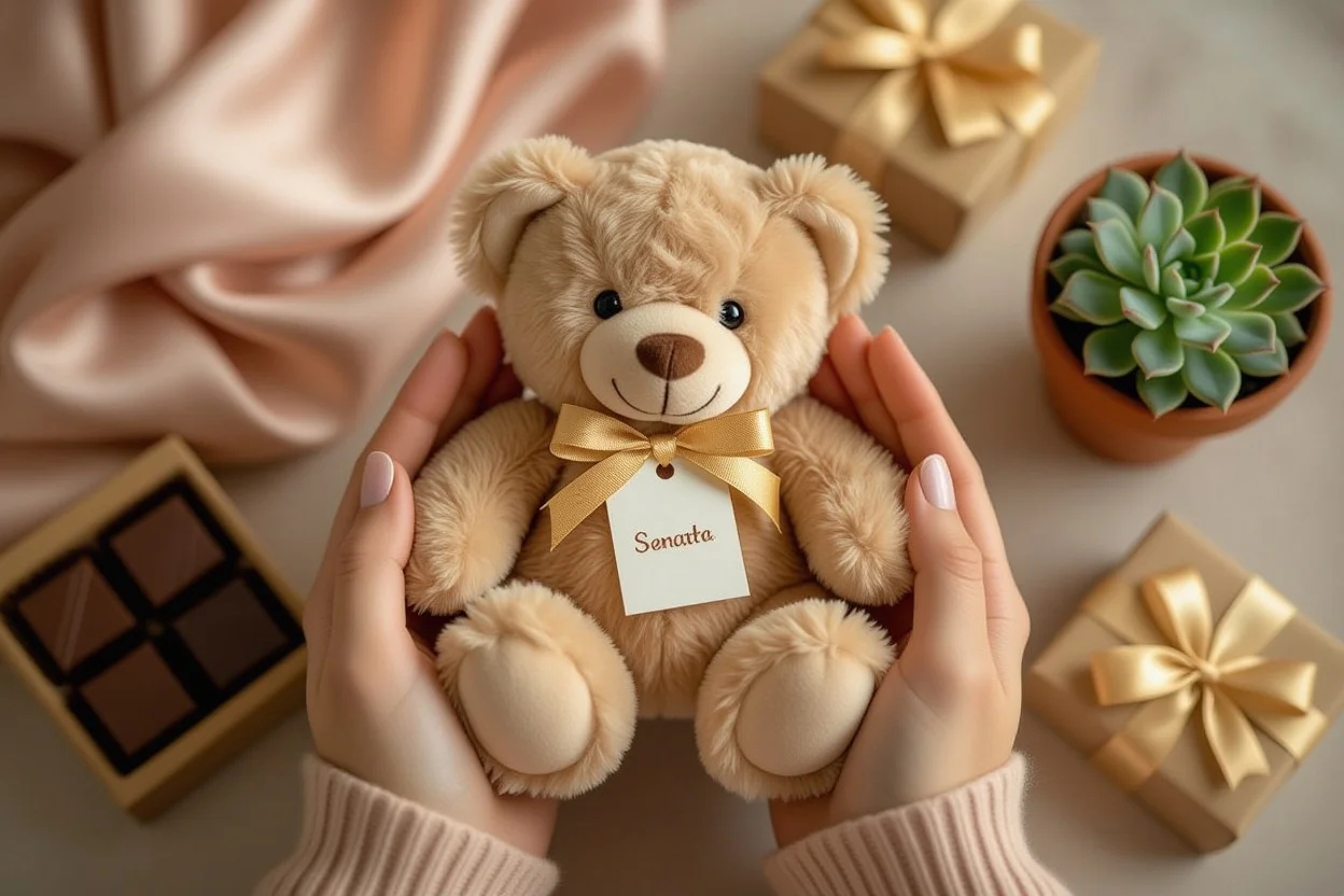 Hands holding plush teddy bear with romantic gift tag and comfort items