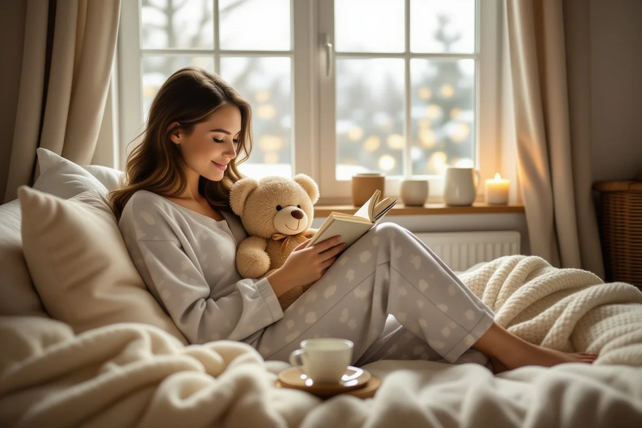Woman enjoying morning comfort routine with teddy bear and romantic daily gifts