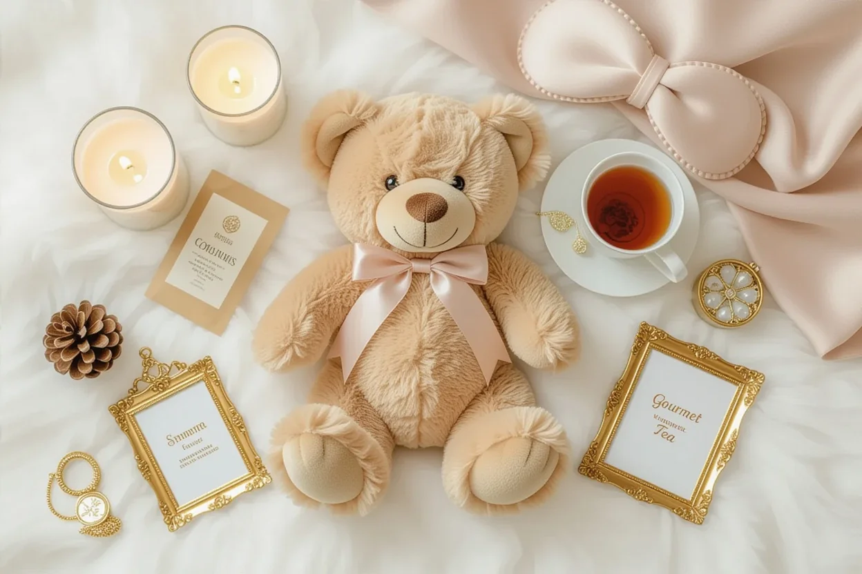 Elegant flat lay of daily comfort gifts including teddy bear and romantic accessories