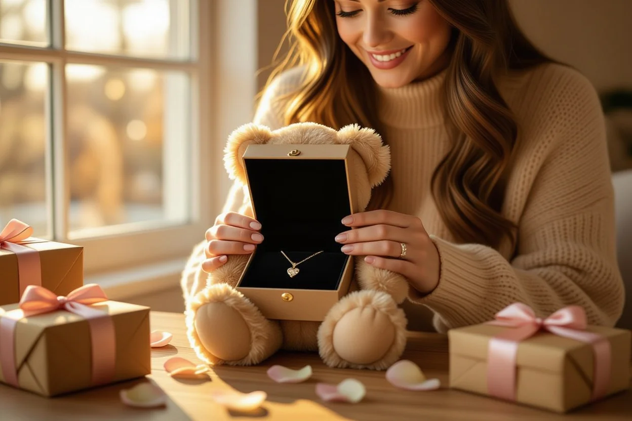 Woman discovering hidden necklace in teddy bear gift - romantic surprise moment