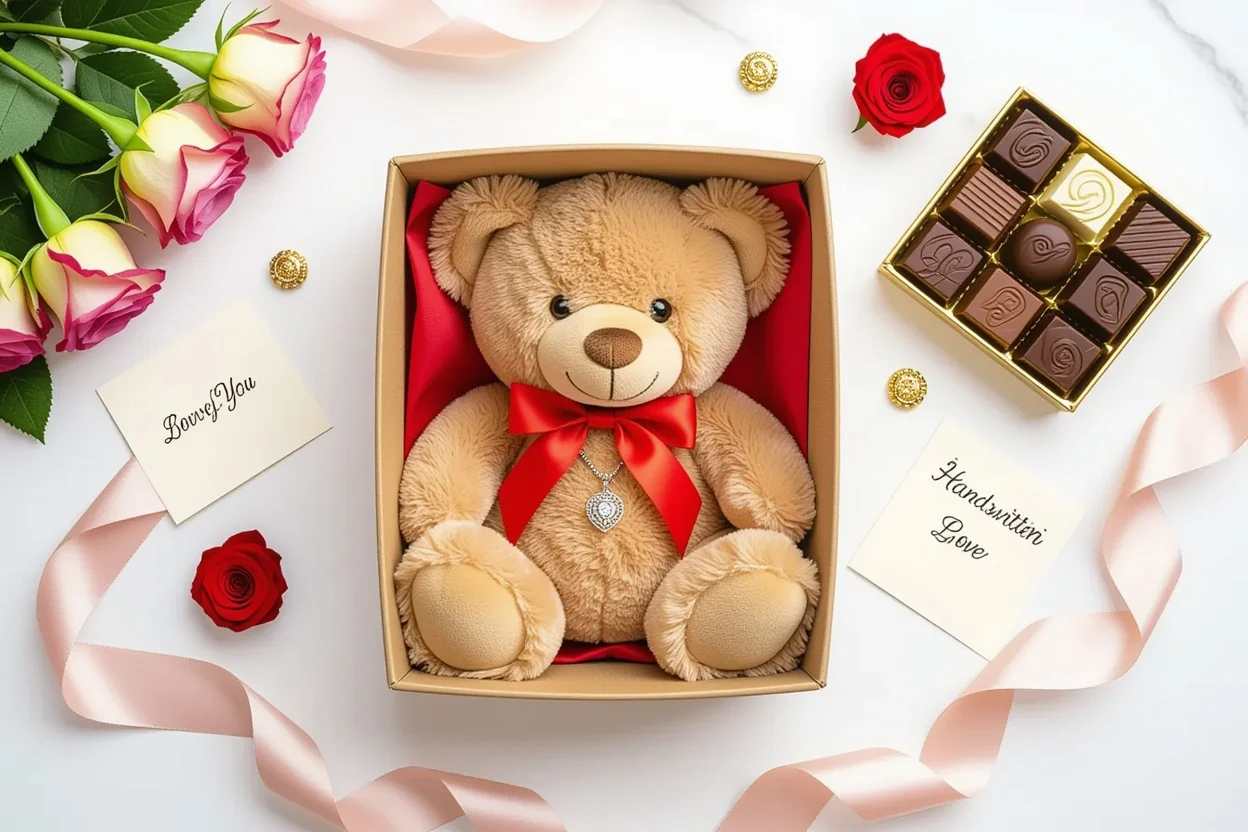 Thoughtful romantic gifts for her including teddy bear with hidden necklace