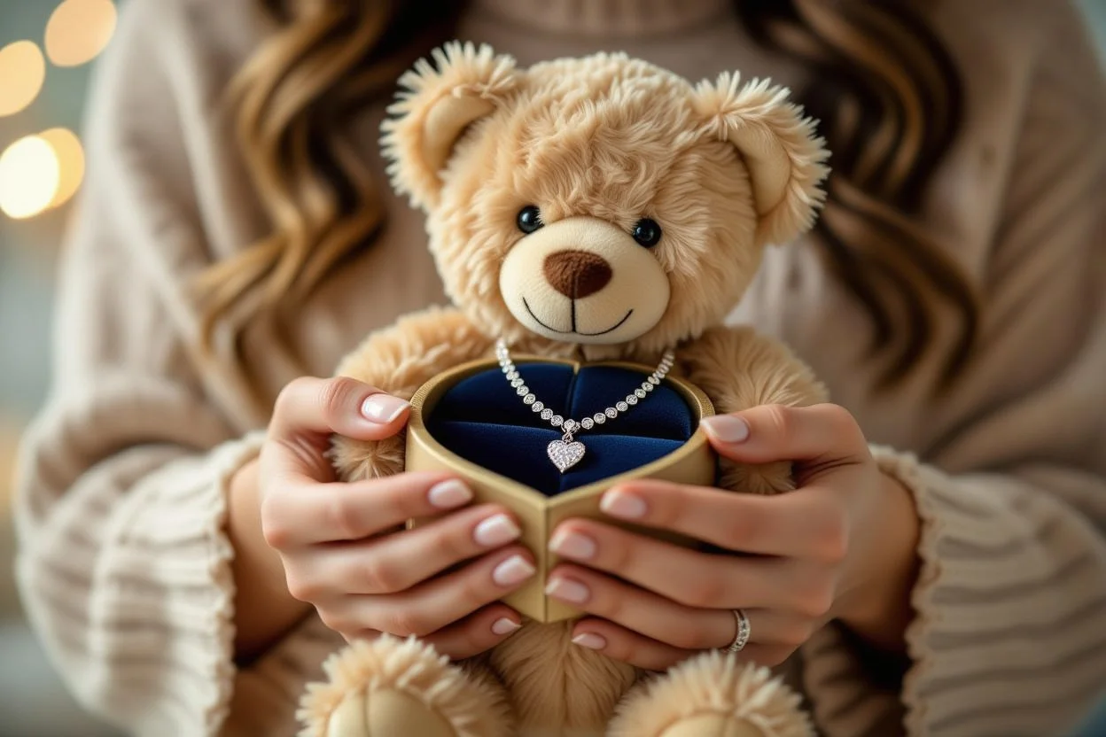 Close-up of hidden necklace reveal in smart teddy bear gift