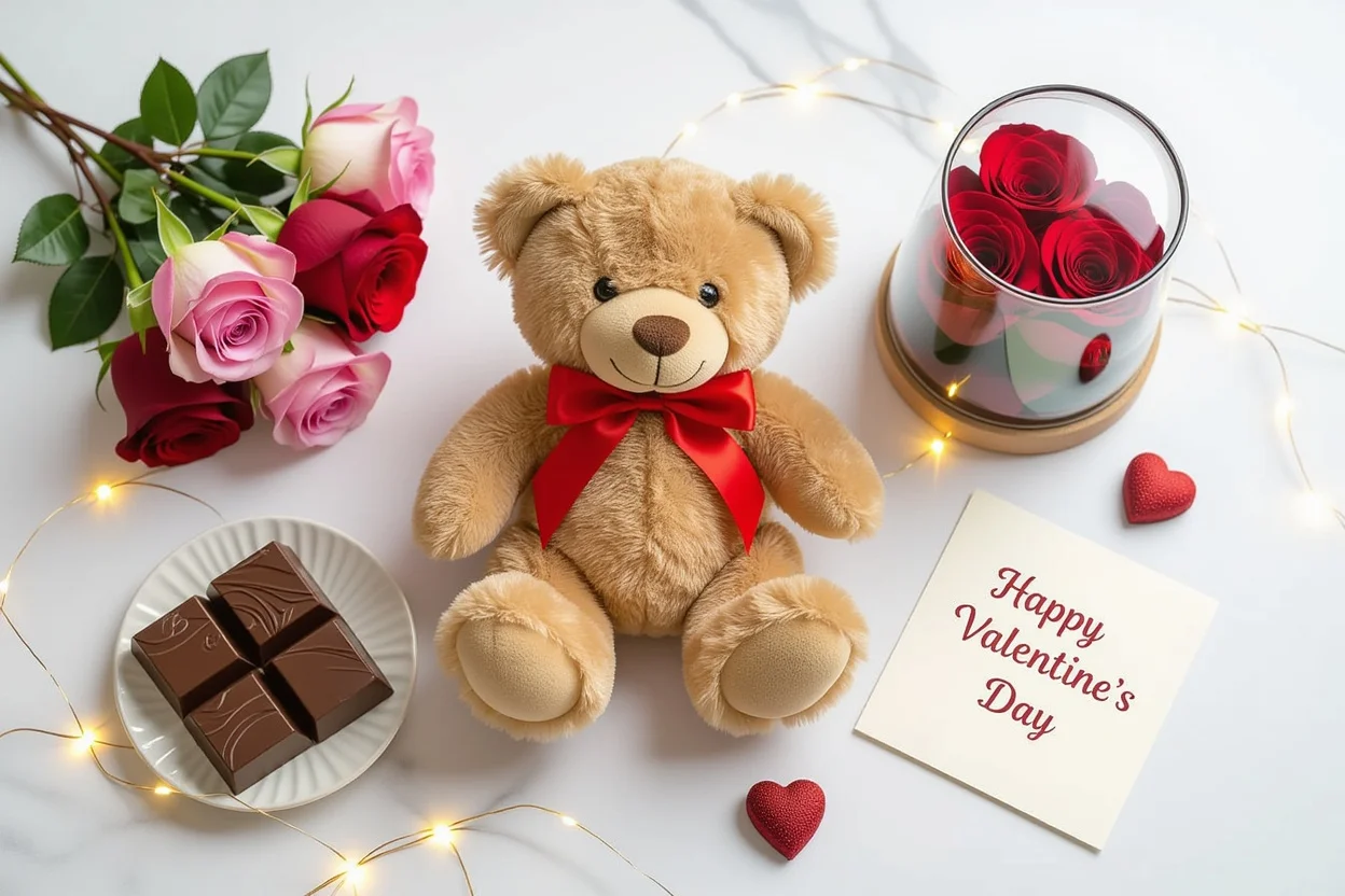Romantic gift guide flat lay featuring teddy bear and Valentine's Day presents for her