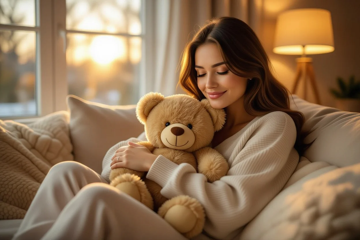 Happy woman cuddling with romantic teddy bear gift showing lasting joy and comfort