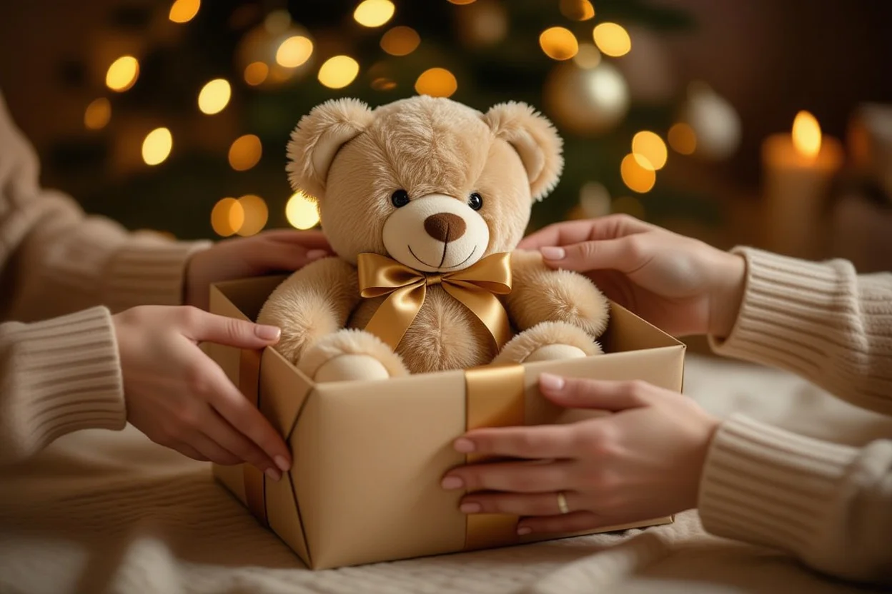 Romantic gift giving moment with elegant teddy bear present for anniversary or Valentine's Day