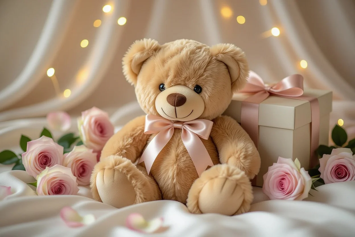 Mountova Pro teddy bear romantic gift presentation with roses and elegant lighting