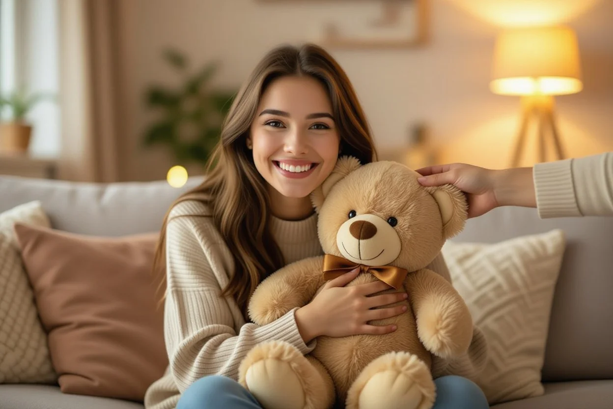 Woman receiving Mountova Pro teddy bear gift with genuine happiness and surprise