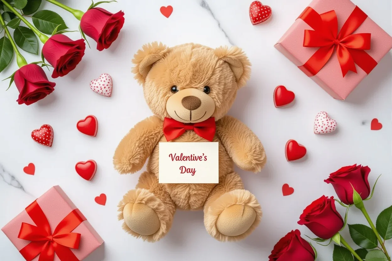 Valentine's Day gift arrangement with Mountova Pro teddy bear and romantic decorations