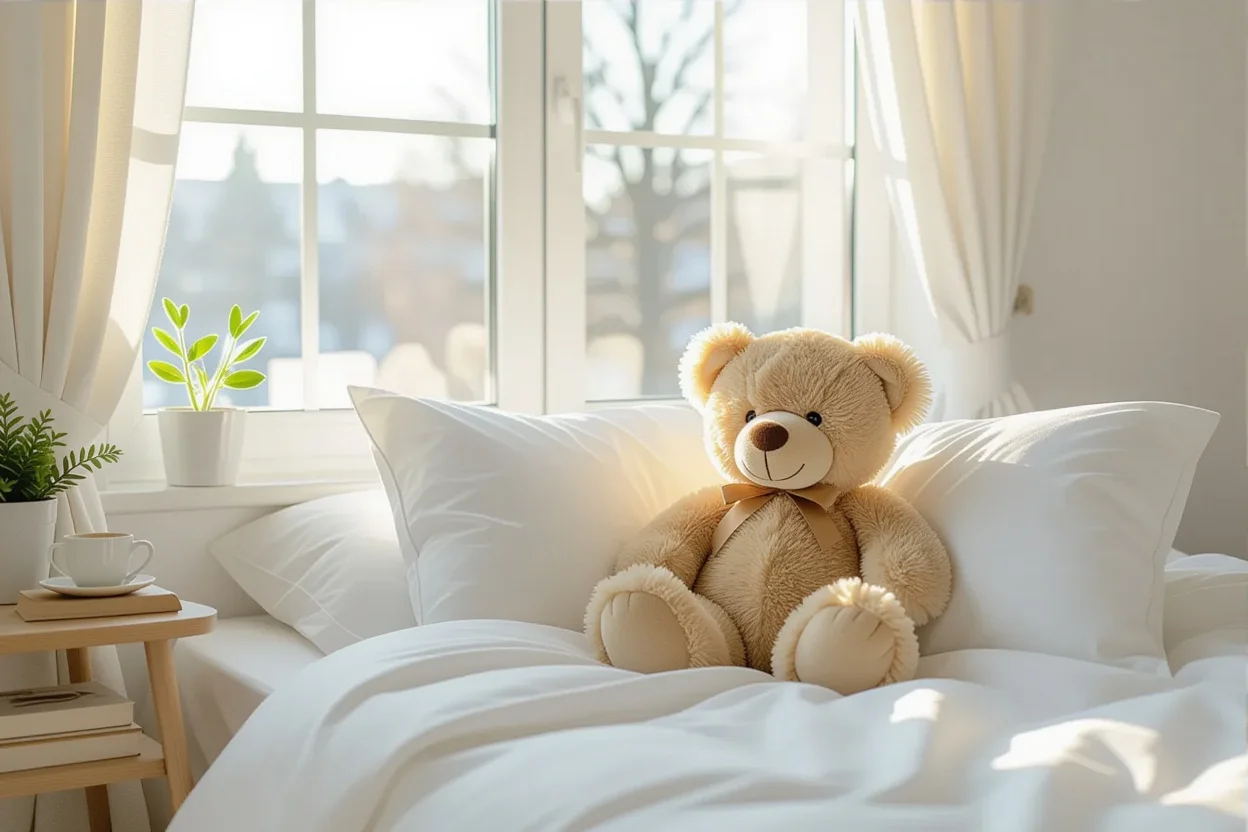 Mountova Pro teddy bear in cozy bedroom setting representing daily comfort and companionship