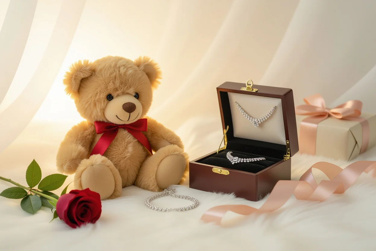 Mountova Pro teddy bear with hidden necklace compartment and preserved rose romantic gift set