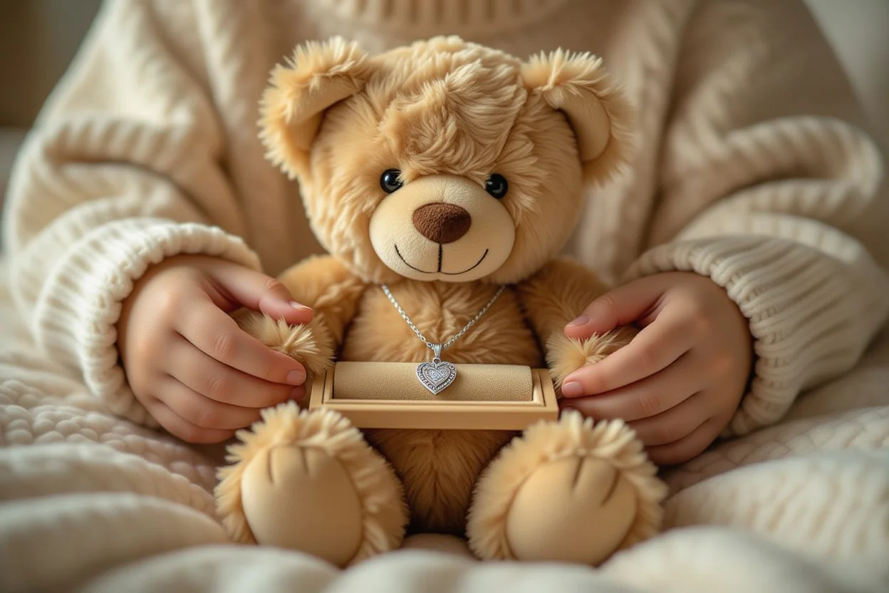Hidden necklace compartment being revealed in surprise teddy bear gift