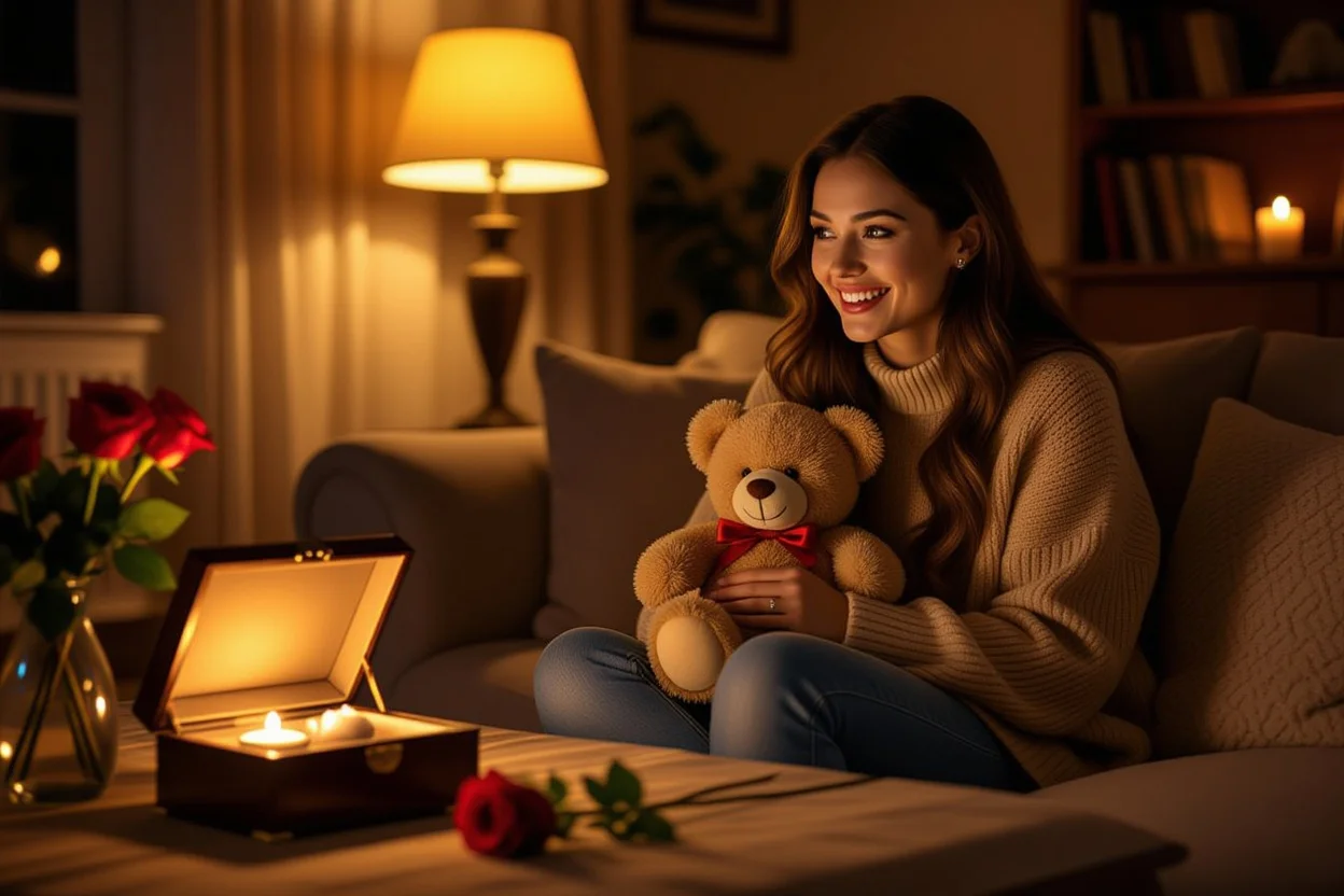 Woman surprised by romantic teddy bear gift on ordinary Tuesday evening