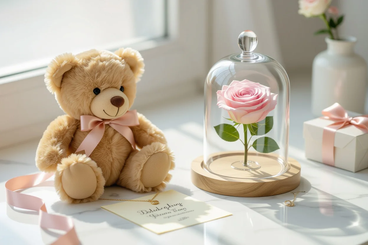 Romantic gift set flat lay with teddy bear, preserved rose, and jewelry for meaningful surprise gifts