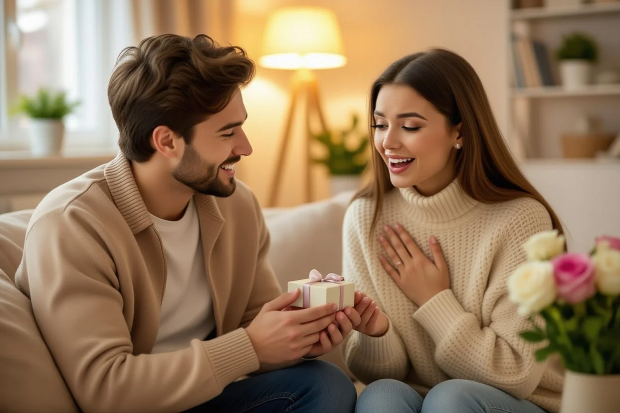 Couple romantic gift giving moment surprise necklace present reconciliation