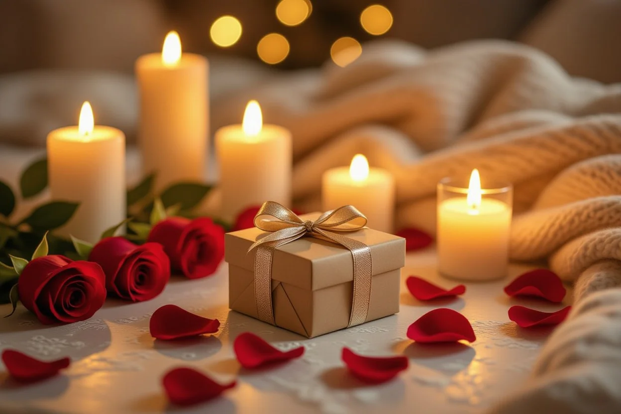 Romantic candlelit room setup with surprise gift box romantic atmosphere