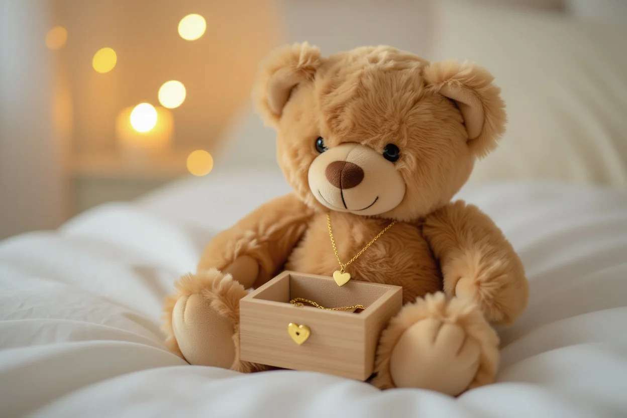 Romantic teddy bear gift with hidden necklace compartment revealing heart pendant surprise