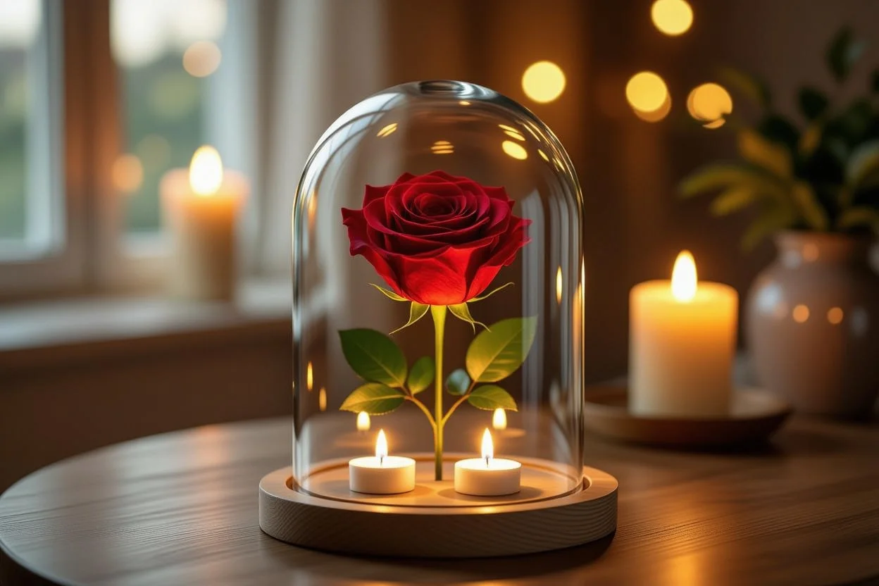 Preserved red rose in glass dome with romantic candlelight ambiance for Valentine's Day