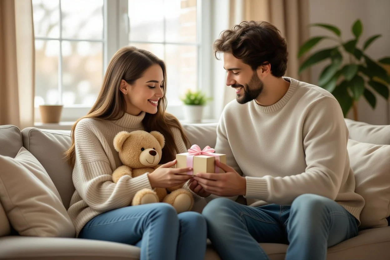 Couple sharing romantic gift moment at home with teddy bear and surprise present