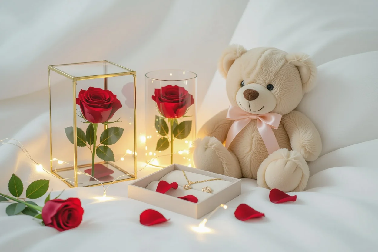 Romantic gift set with teddy bear, preserved rose, and jewelry for anniversary or Valentine's Day