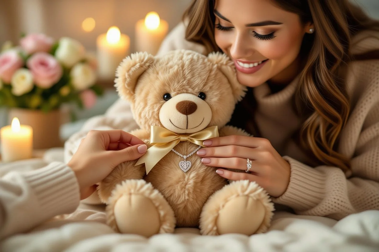 Woman discovering hidden necklace surprise inside romantic teddy bear gift