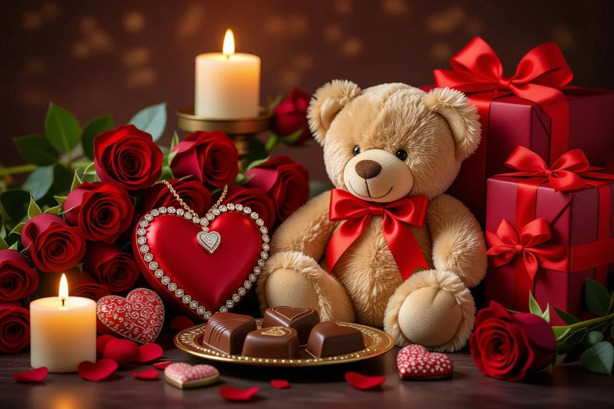 Valentine's Day romantic gift set with teddy bear and jewelry for her