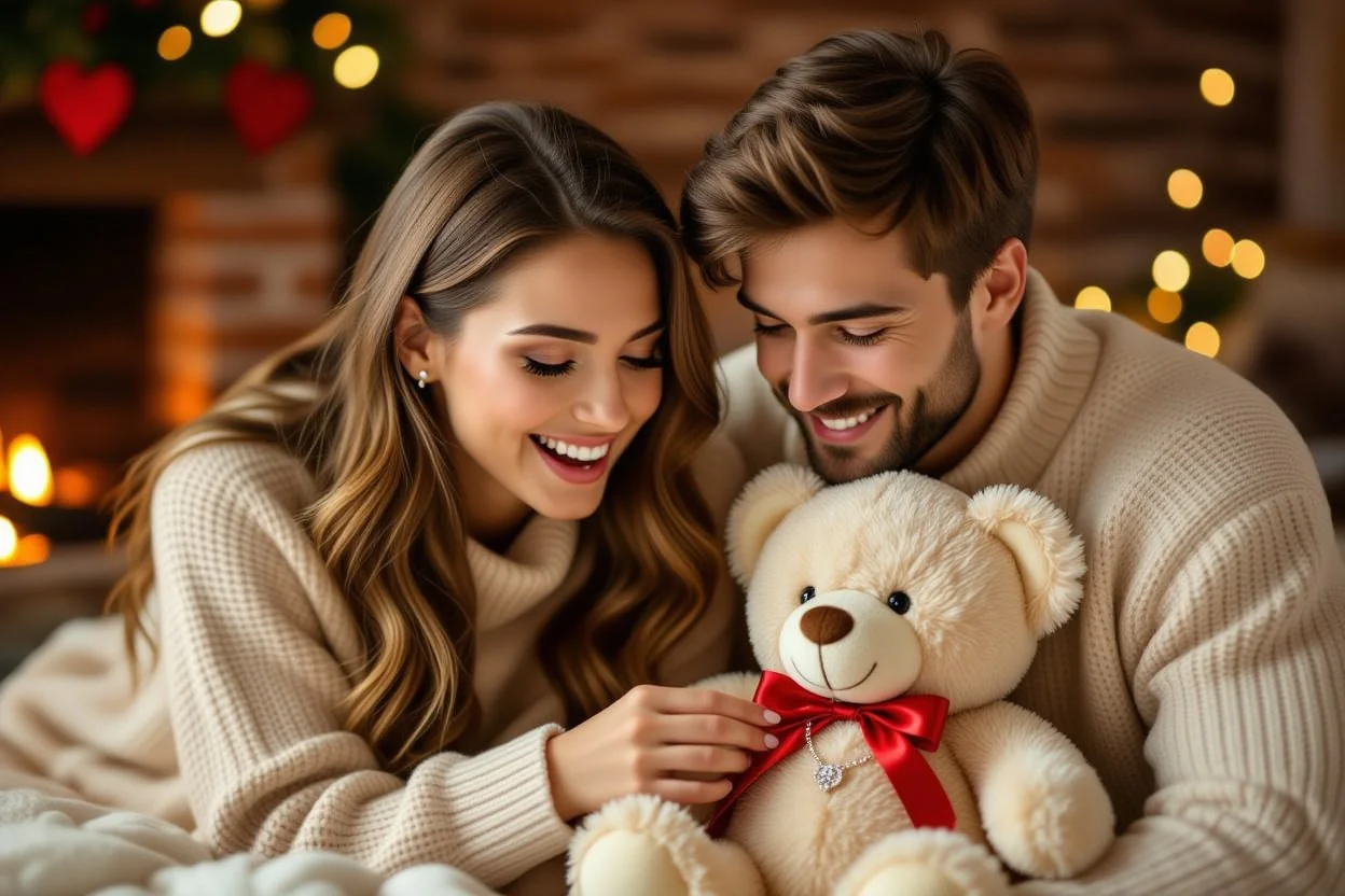 Couple discovering hidden necklace surprise in teddy bear romantic gift moment