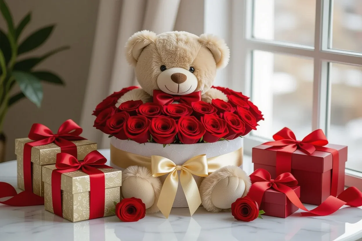 Elegant romantic gift arrangement with teddy bear and preserved roses for anniversary