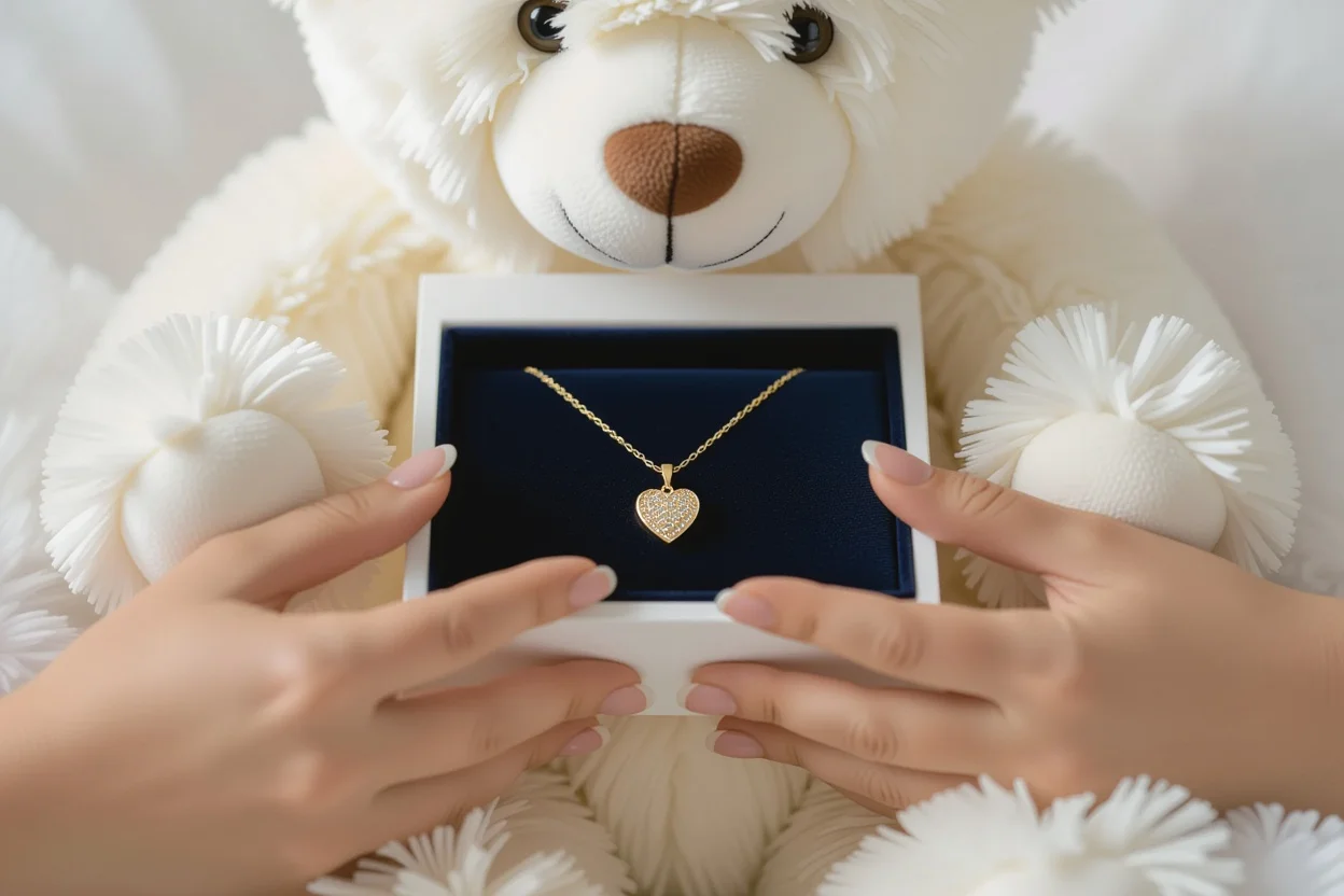 Hands revealing hidden gold heart necklace inside teddy bear romantic surprise gift