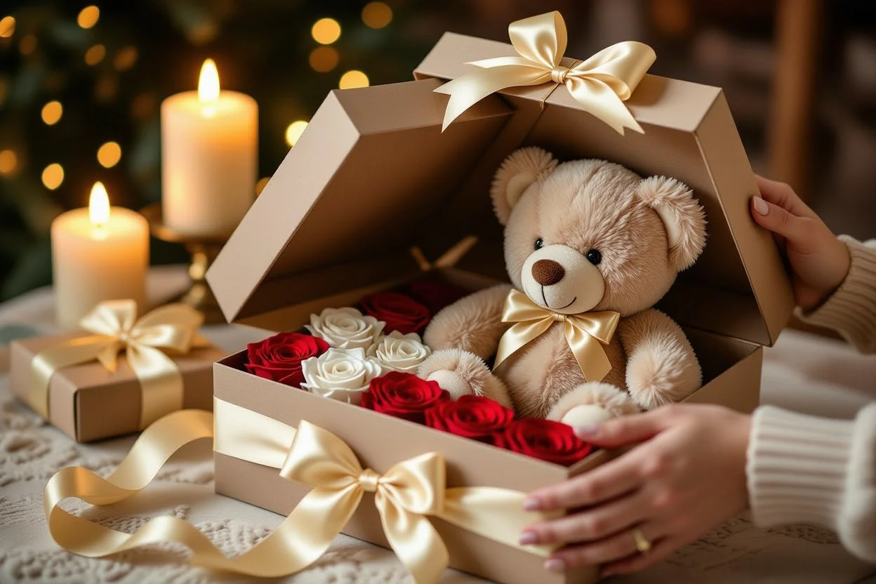 Romantic gift unboxing moment teddy bear and preserved roses surprise for her