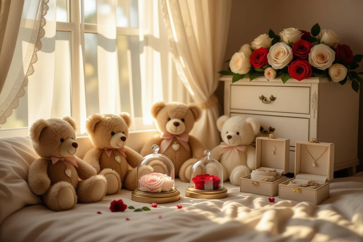 Collection of romantic eternal gifts teddy bears preserved roses lasting forever gifts for her