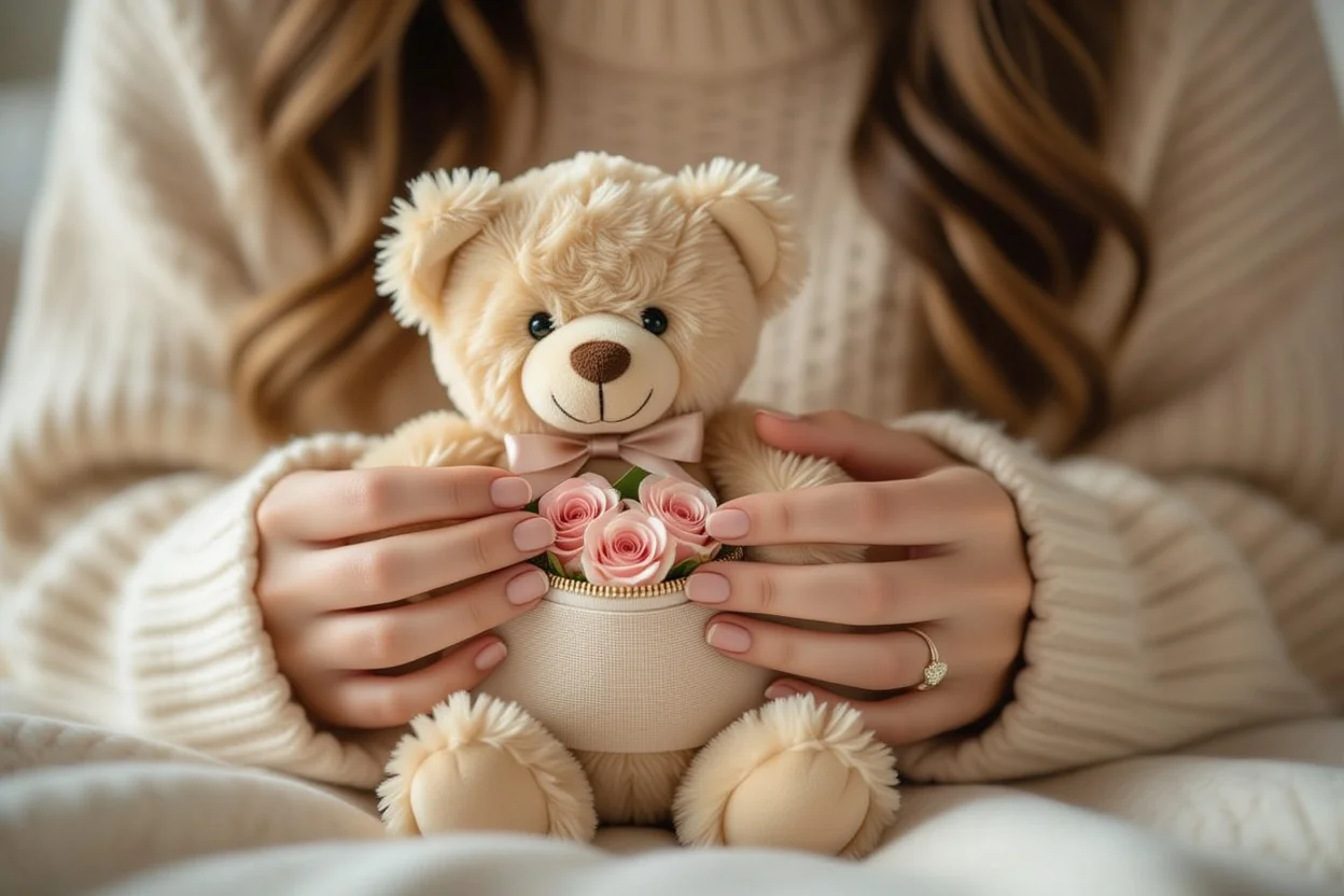 Woman discovering hidden surprise gifts inside teddy bear compartment