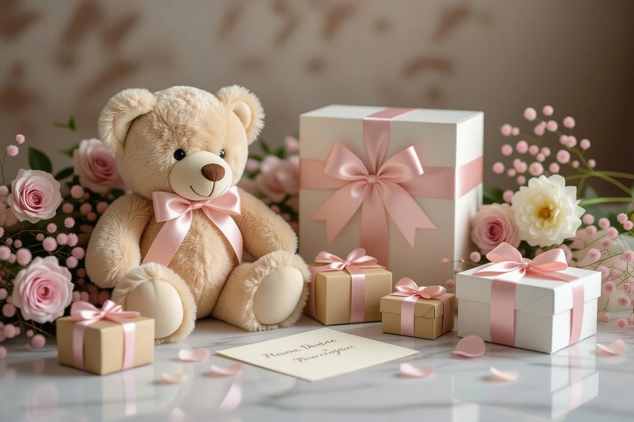 Romantic surprise gift arrangement with teddy bear and preserved flowers for her