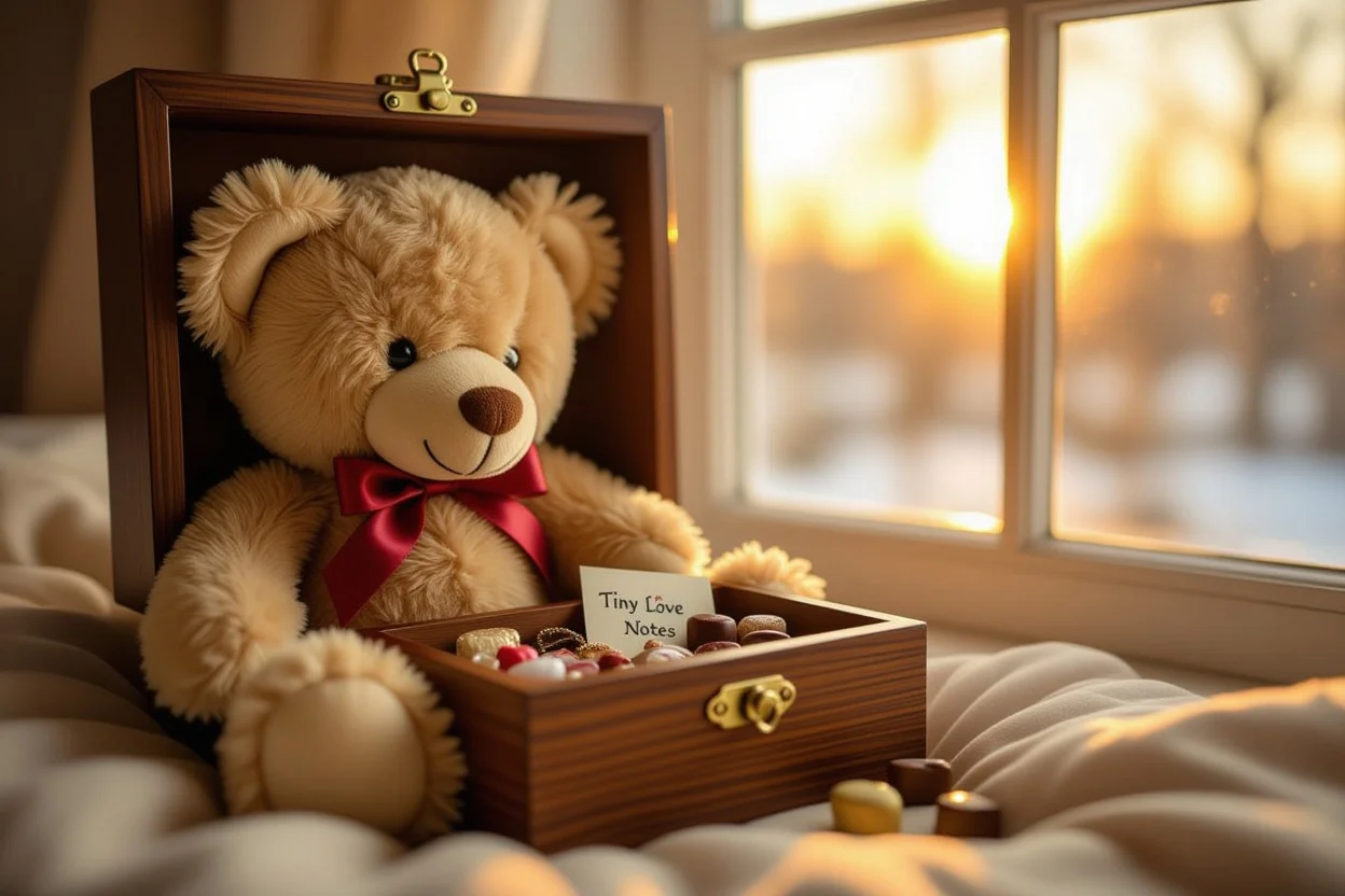 Close-up of teddy bear secret compartment with romantic surprise gifts inside