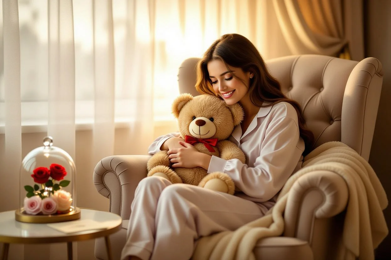 Woman enjoying romantic teddy bear gift in cozy home setting with preserved roses