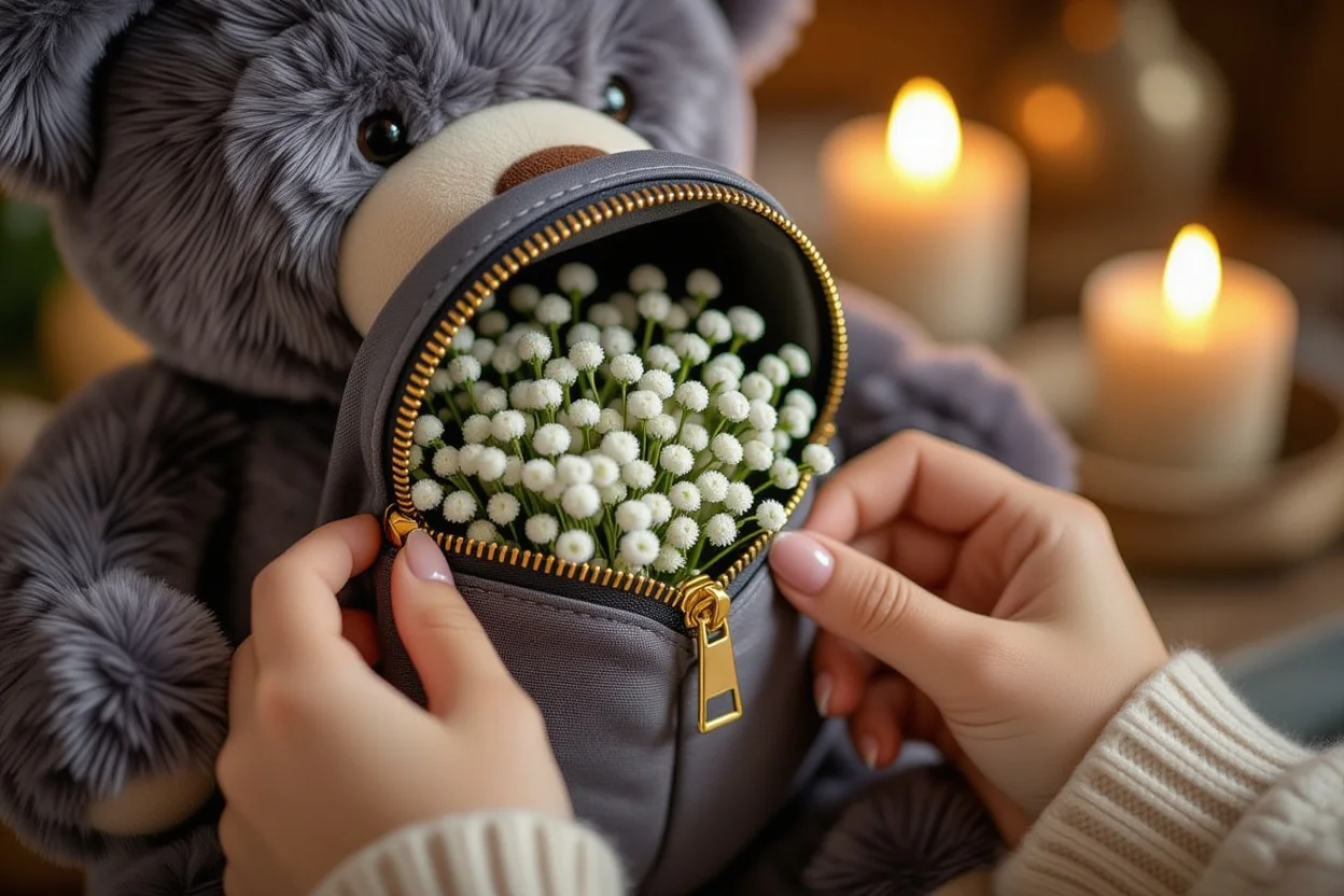 Close-up of hidden flower compartment being opened in romantic surprise teddy bear gift