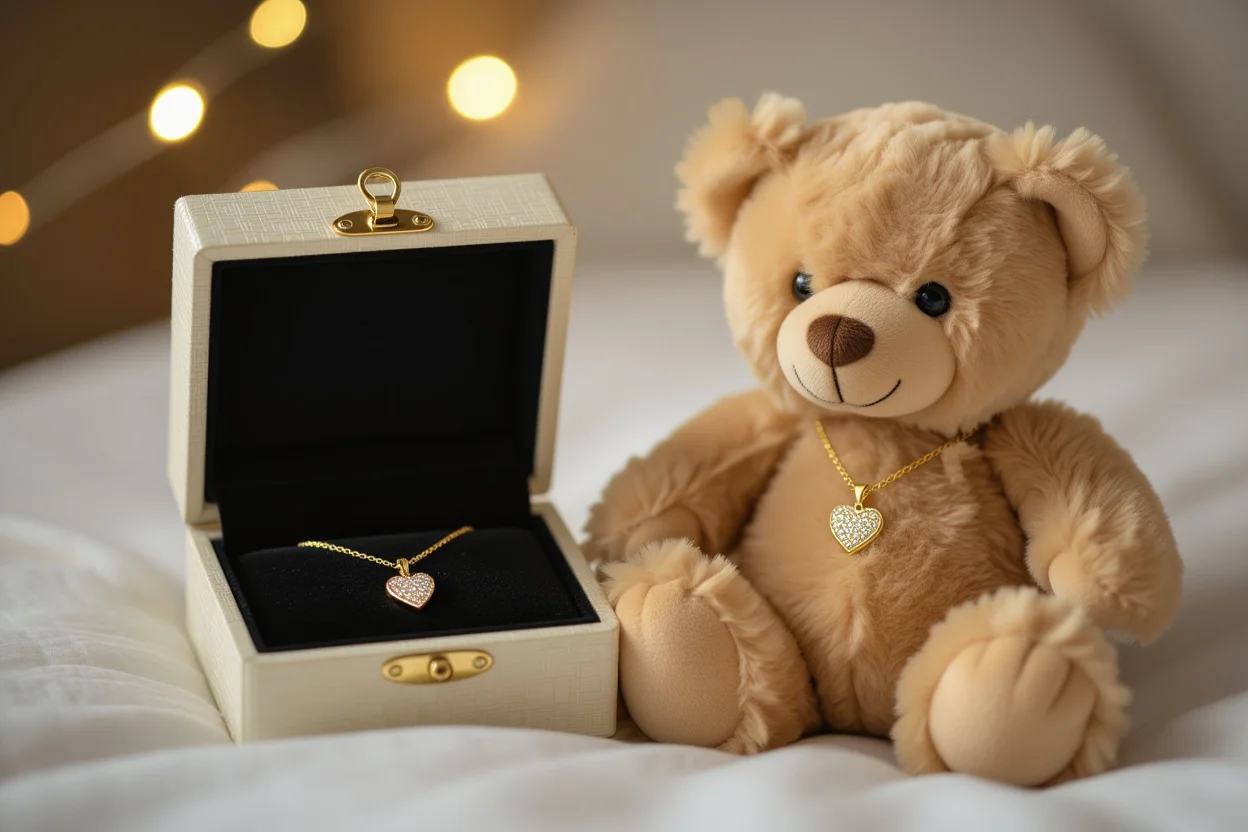 Teddy bear gift with hidden necklace compartment revealing golden heart pendant jewelry surprise
