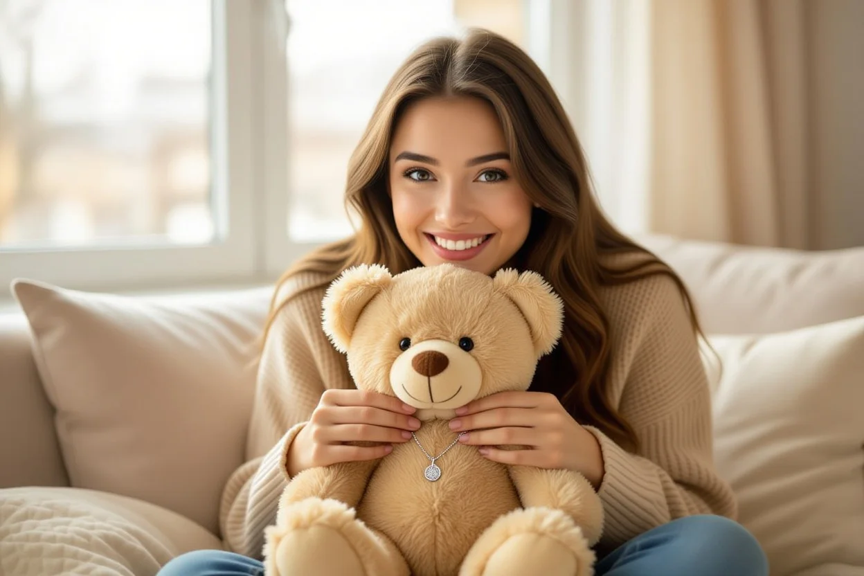 Happy woman discovering hidden necklace surprise inside teddy bear gift in cozy home setting