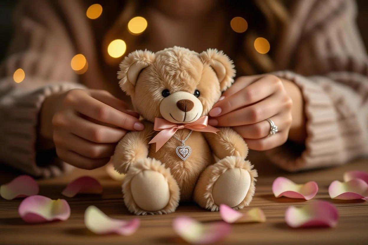 Romantic close-up of hands revealing hidden silver necklace inside teddy bear surprise gift