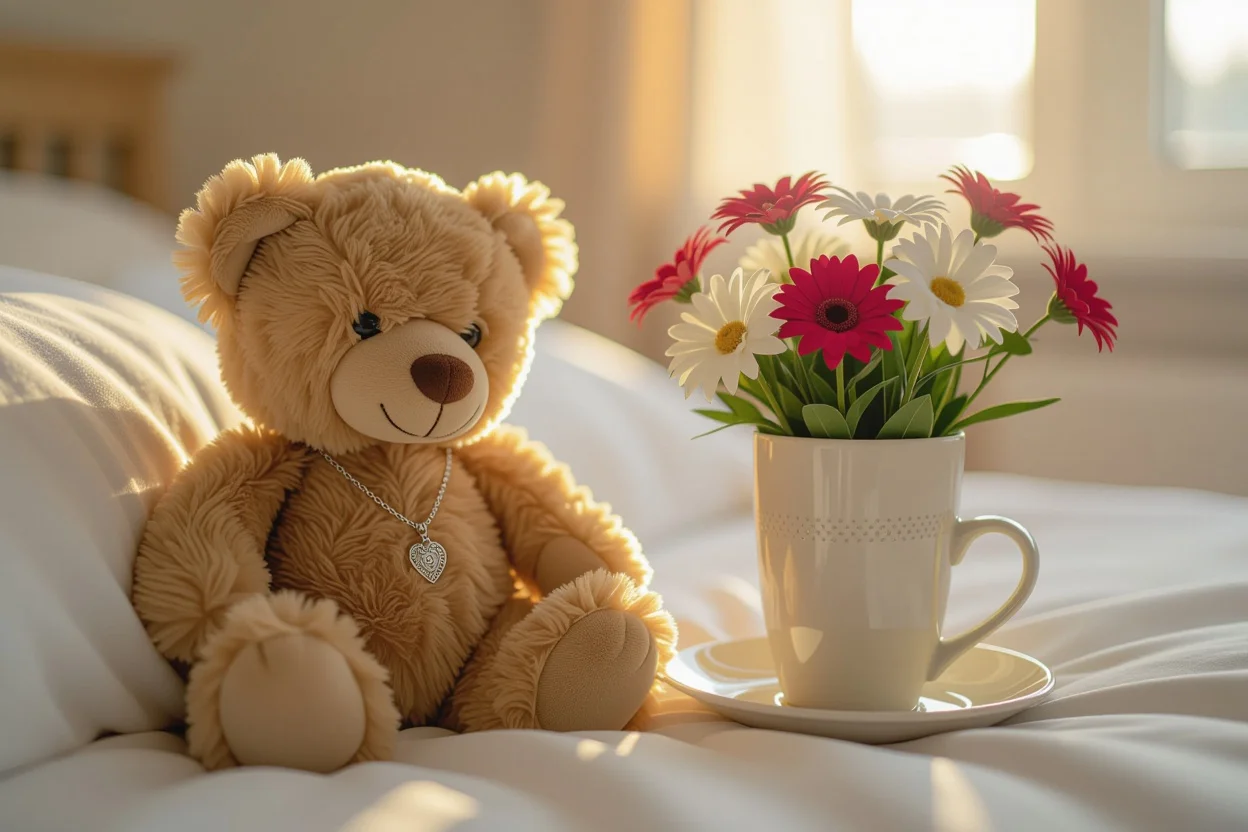 Teddy bear surprise gift on bedside table with coffee and flowers representing daily thoughtful gestures