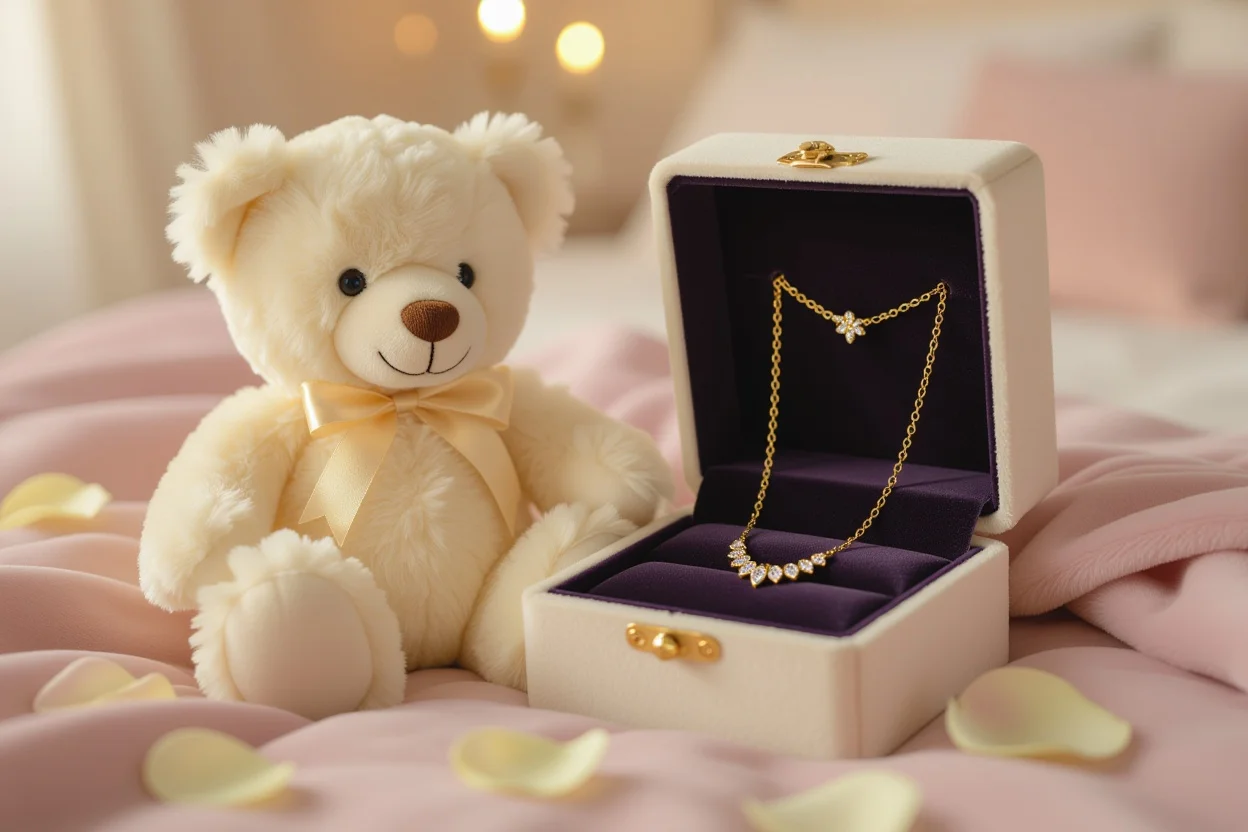 Romantic teddy bear gift with hidden 18k gold necklace surprise for her