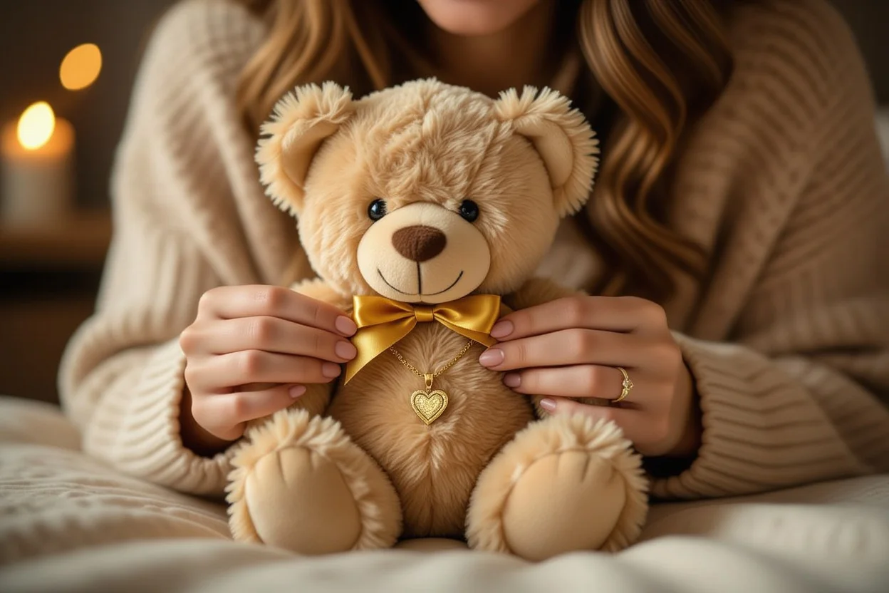 Woman discovering hidden gold necklace surprise in romantic teddy bear gift