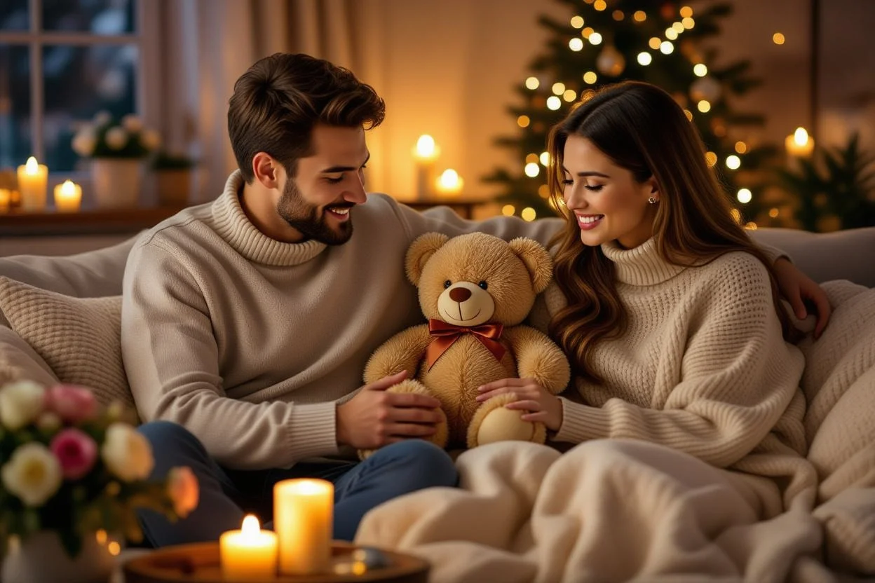 Romantic couple gift-giving moment with teddy bear surprise present
