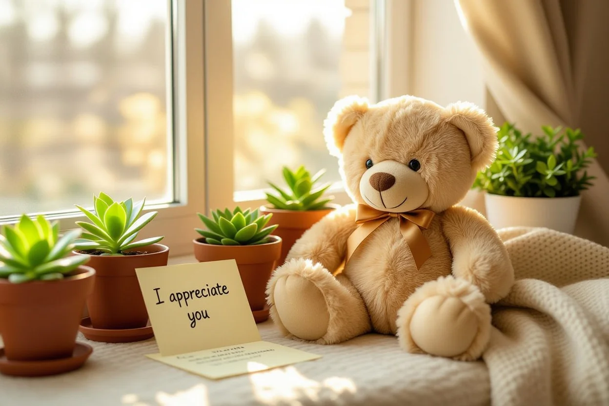 Appreciation teddy bear gift with handwritten note in cozy home setting